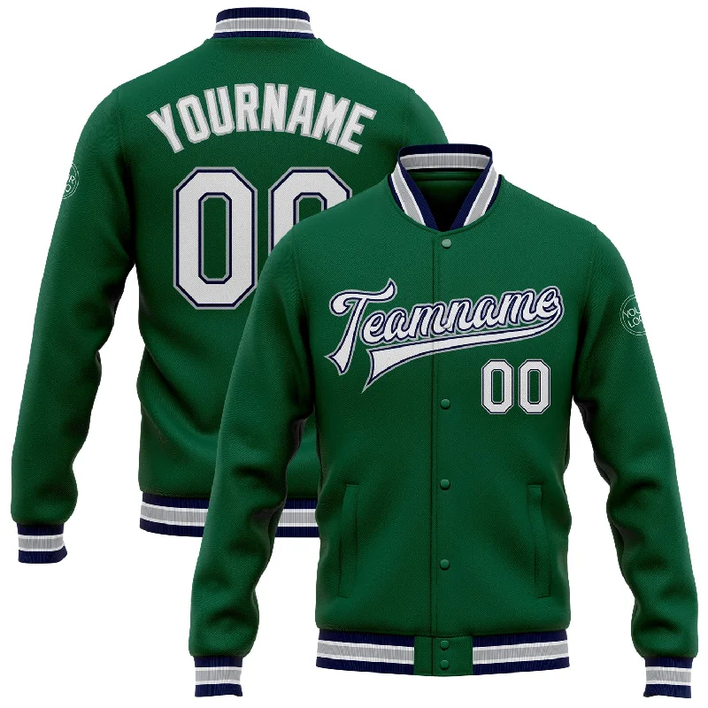Sustainable And Ethical Unisex Clothing Flash Sale, Don'T Miss Custom Kelly Green White Navy-Gray Bomber Full-Snap Varsity Letterman Jacket