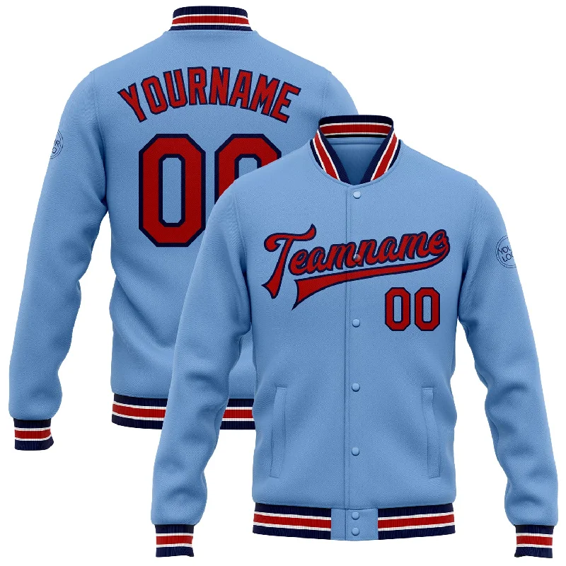 Minimalist Unisex Fashion Essentials Sophisticated Street Style Offers Custom Light Blue Red-Navy Bomber Full-Snap Varsity Letterman Jacket