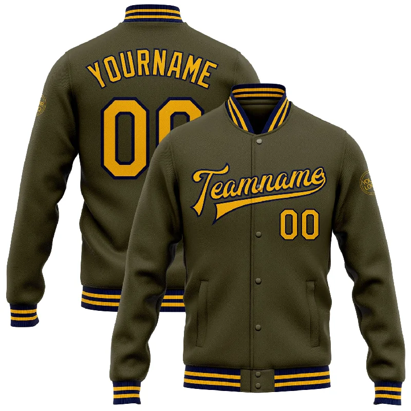 Comfortable Unisex Streetwear Fashion Forward Femininity Custom Olive Gold-Navy Bomber Full-Snap Varsity Letterman Salute To Service Jacket