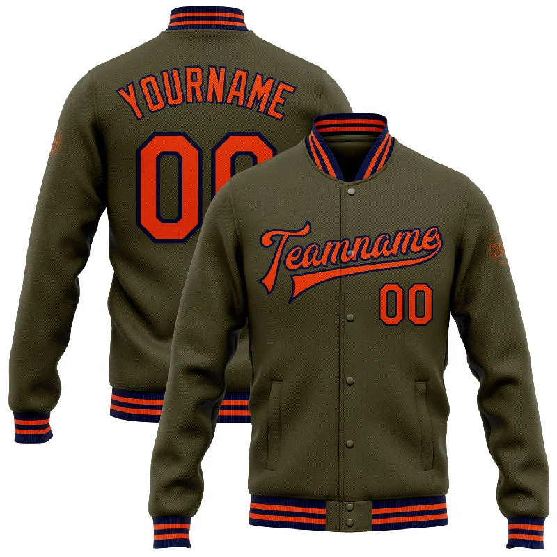 Oversized Unisex Fashion Pieces Effortless Style, Endless Impact Custom Olive Orange-Navy Bomber Full-Snap Varsity Letterman Salute To Service Jacket