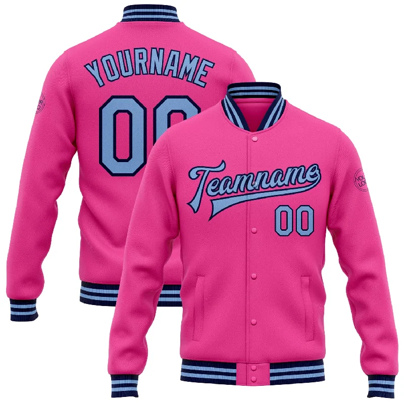 Oversized Unisex Fashion Pieces Trendy Pulse Custom Pink Light Blue-Navy Bomber Full-Snap Varsity Letterman Jacket