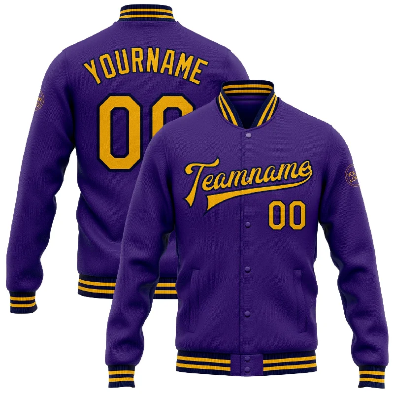 Effortless And Modern Unisex Dressing Limited Time Deal Custom Purple Gold-Navy Bomber Full-Snap Varsity Letterman Jacket