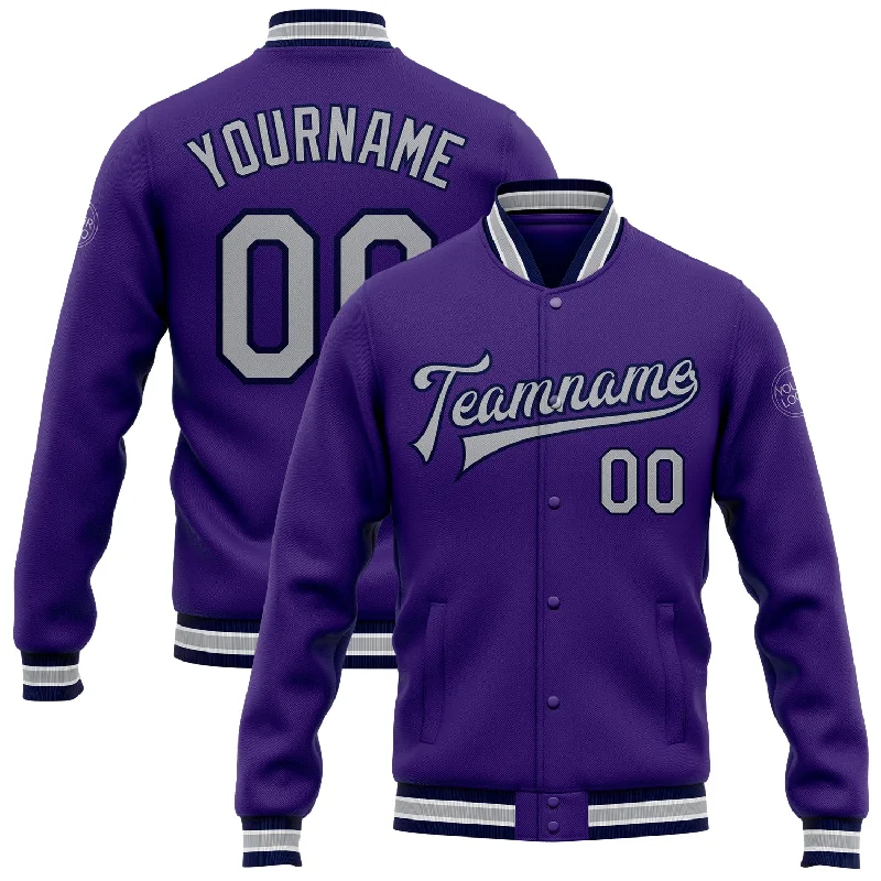 Urban-Inspired Unisex Fashion Trends Fashion Forward Femininity Custom Purple Gray-Navy Bomber Full-Snap Varsity Letterman Jacket