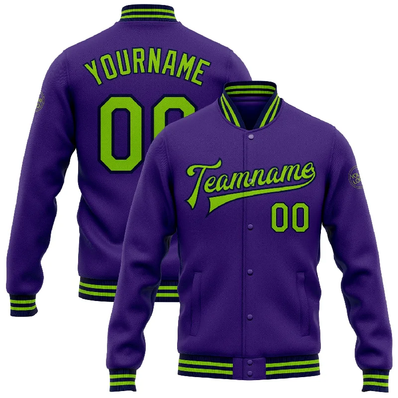 High-Quality Unisex Basics For All Occasions Enjoy Discount Custom Purple Neon Green-Navy Bomber Full-Snap Varsity Letterman Jacket