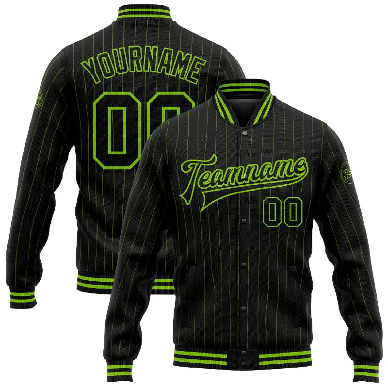 Casual And Trendy Unisex Fashion Staples Chic And Edgy Custom Black Neon Green Pinstripe Neon Green Bomber Full-Snap Varsity Letterman Jacket