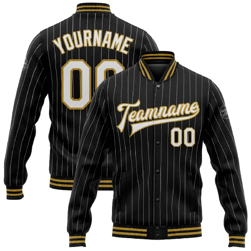 Chic And Contemporary Unisex Clothing Choices Essentials On Sale Custom Black White Pinstripe Old Gold Bomber Full-Snap Varsity Letterman Jacket