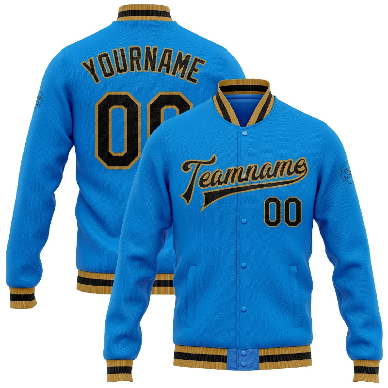 Minimalist Unisex Fashion Must-Haves New Styles Just In Custom Powder Blue Black-Old Gold Bomber Full-Snap Varsity Letterman Jacket