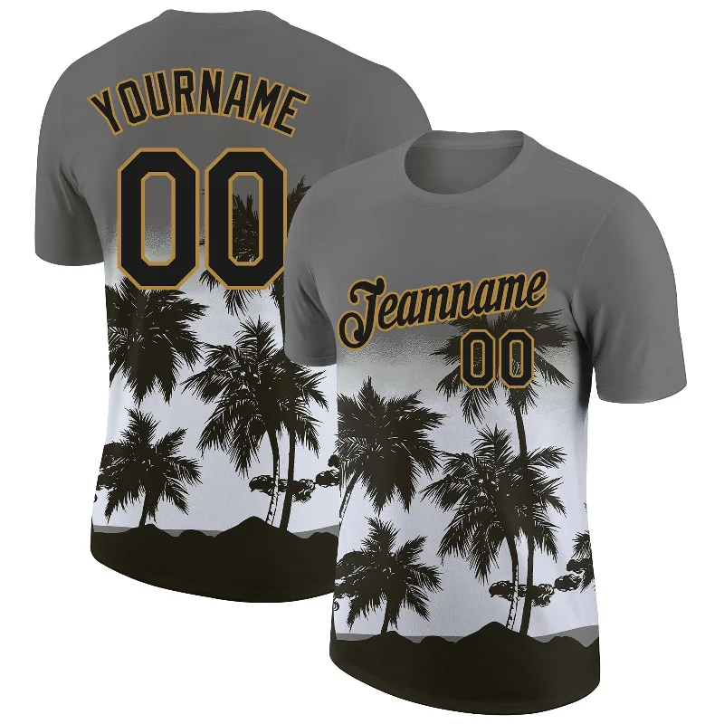 Modern Unisex Wardrobe Staples Limited Time Custom Gray Black-Old Gold 3D Pattern Design Tropical Hawaii Palms Trees Performance T-Shirt