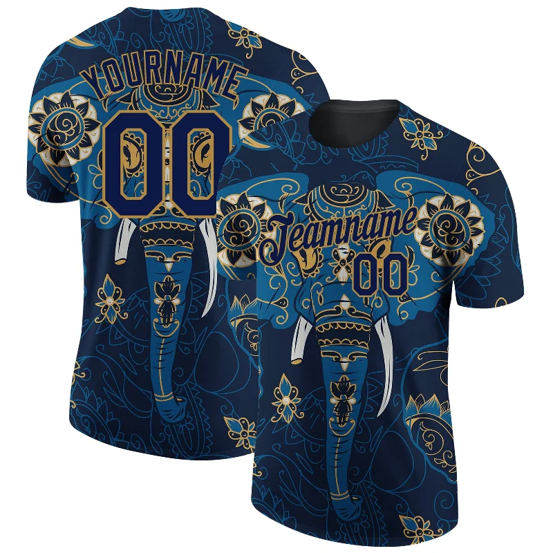 Modern Unisex Wardrobe Staples Chic Trends Unveiled Custom Navy Old Gold 3D Pattern Design Elephant Performance T-Shirt