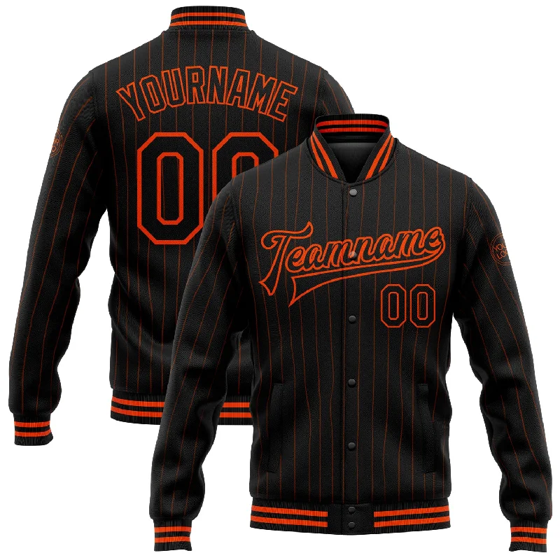 Oversized Unisex Fashion Pieces Stylish Statements Custom Black Orange Pinstripe Orange Bomber Full-Snap Varsity Letterman Jacket