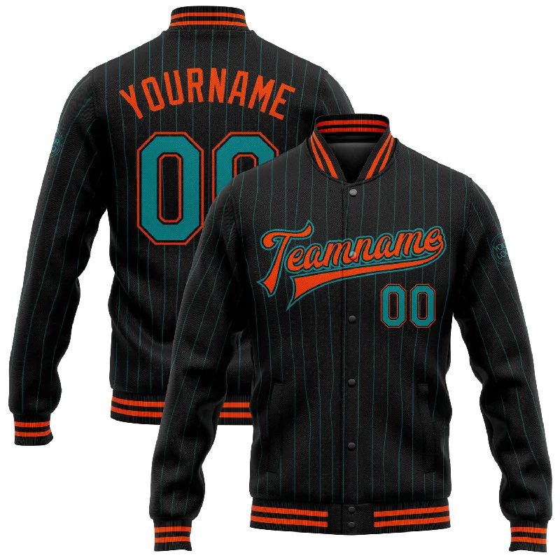 Gender-Neutral Trendy Clothing Styles Trendy Pulse Custom Black Teal Pinstripe Orange Bomber Full-Snap Varsity Letterman Jacket
