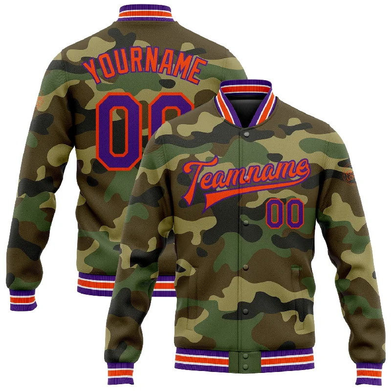 Fashion-Forward Gender-Neutral Outerwear Don't Miss Out Custom Camo Purple-Orange Bomber Full-Snap Varsity Letterman Salute To Service Jacket