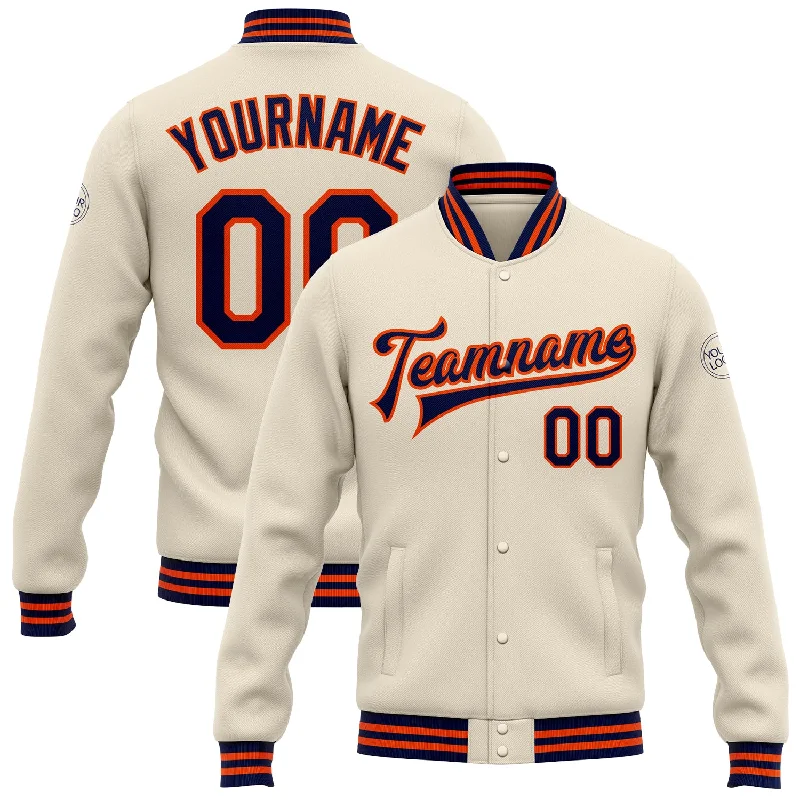 Modern Unisex Clothing For Any Occasion Limited Time Flash Sale Custom Cream Navy-Orange Bomber Full-Snap Varsity Letterman Jacket