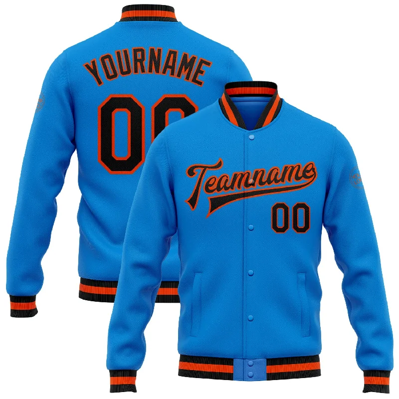 Chic And Contemporary Unisex Clothing Choices Spring Offer Custom Powder Blue Black-Orange Bomber Full-Snap Varsity Letterman Jacket