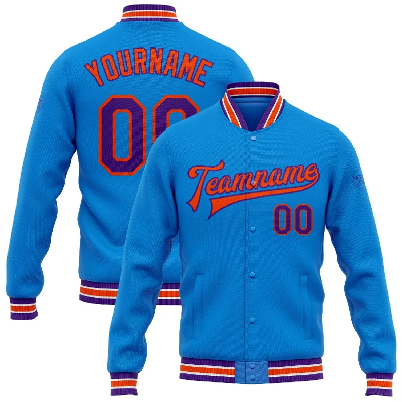 Chic And Contemporary Unisex Clothing Choices Edgy Fashion Deals Custom Powder Blue Purple-Orange Bomber Full-Snap Varsity Letterman Jacket