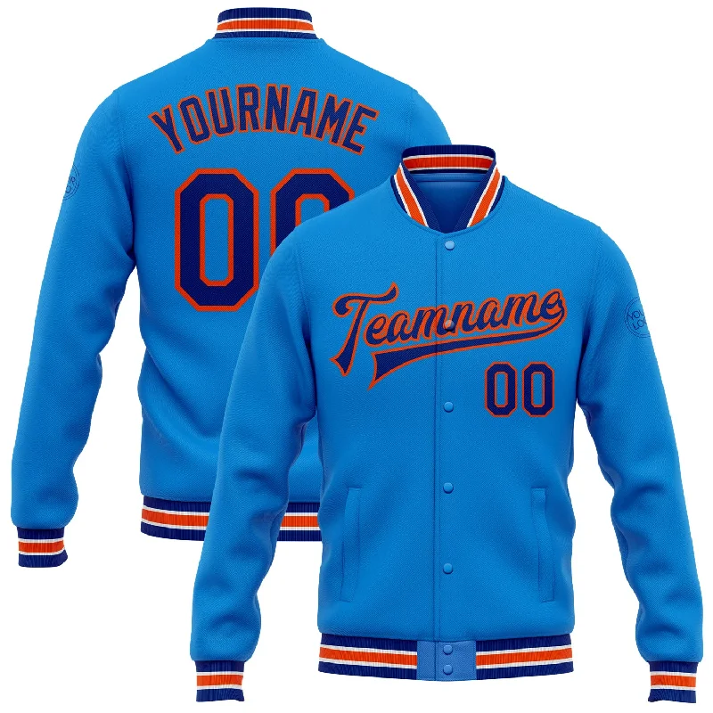 Minimalist Unisex Wardrobe Must-Haves Exclusive Fashion Deals Custom Powder Blue Royal-Orange Bomber Full-Snap Varsity Letterman Jacket