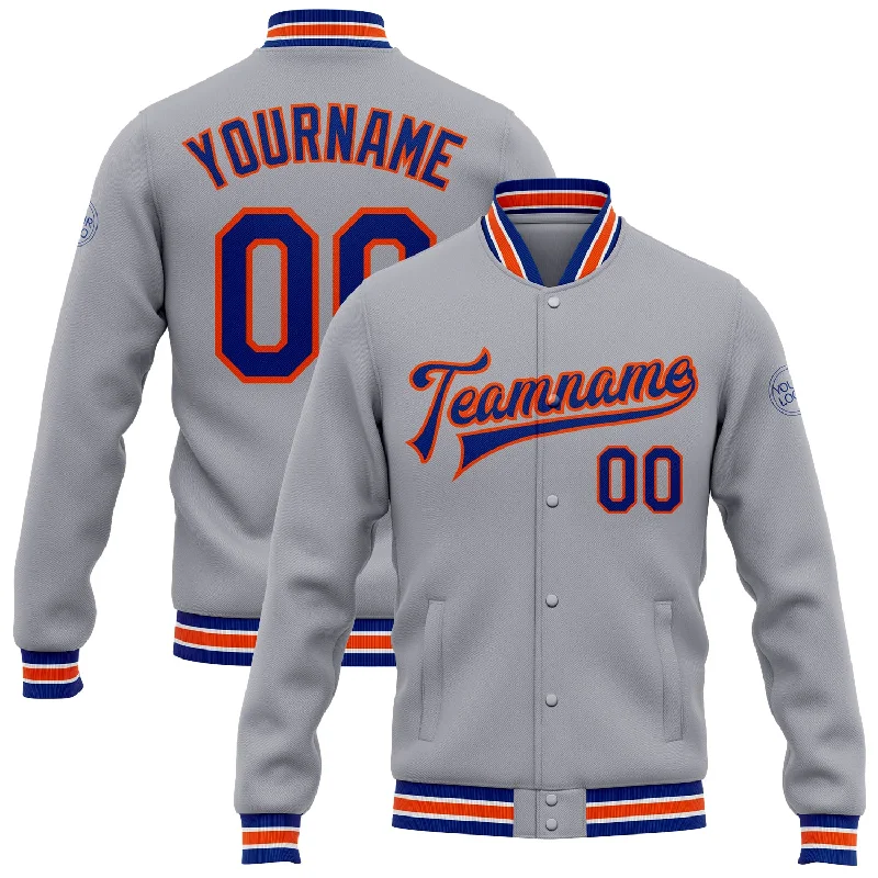 Classic And Timeless Gender-Neutral Fashion Seasonal Sale Custom Gray Royal-Orange Bomber Full-Snap Varsity Letterman Jacket
