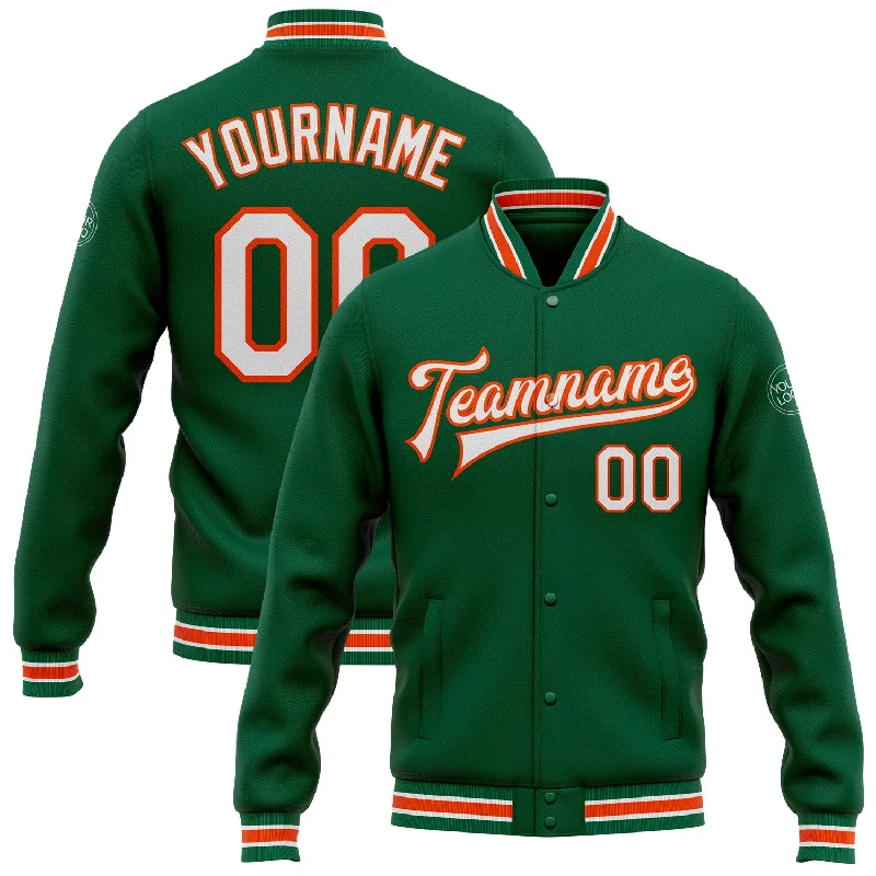 Comfortable And Stylish Unisex Outfits Insane Discount Onslaught Custom Kelly Green White-Orange Bomber Full-Snap Varsity Letterman Jacket