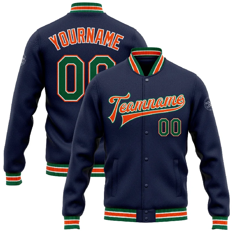 Urban-Inspired Unisex Fashion Trends Daring Fashion Promotions Custom Navy Kelly Green-Orange Bomber Full-Snap Varsity Letterman Jacket