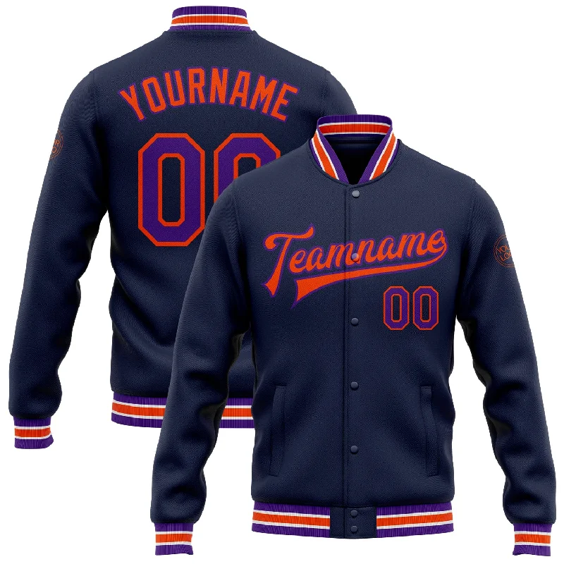 Sleek And Comfortable Unisex Wear Feminine Style Promotions Custom Navy Purple-Orange Bomber Full-Snap Varsity Letterman Jacket