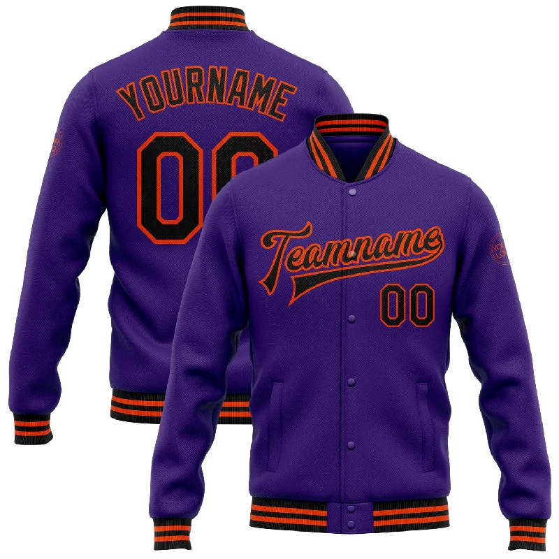 Breathable And Lightweight Unisex Wear Fashion Essentials Custom Purple Black-Orange Bomber Full-Snap Varsity Letterman Jacket