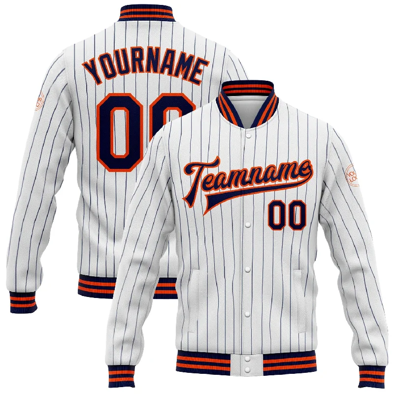 Stylish Unisex Outfit Ideas Bold Style Discounts Custom White Navy Pinstripe Orange Bomber Full-Snap Varsity Letterman Jacket