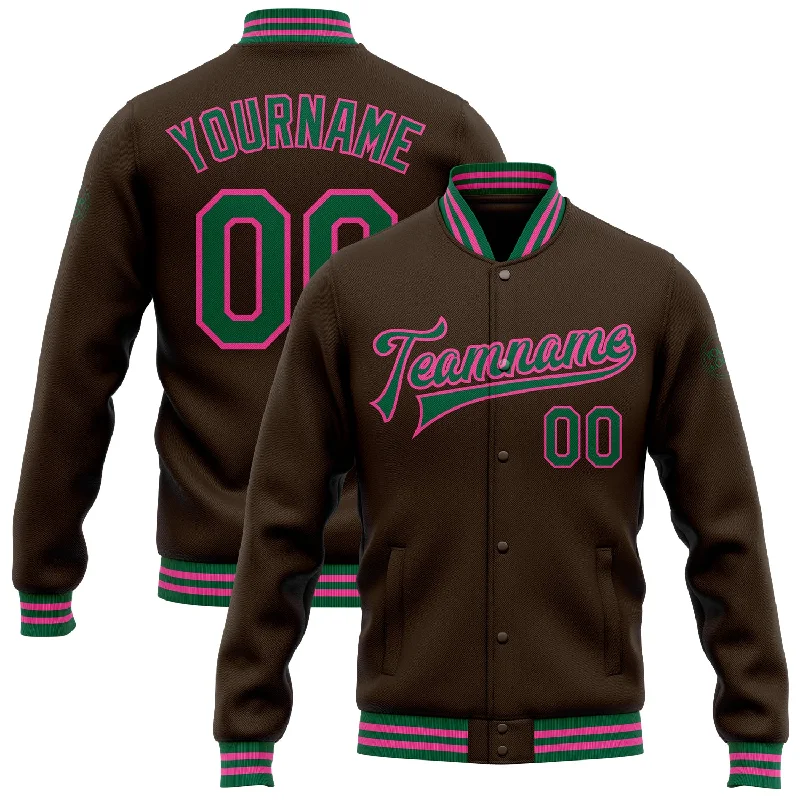 Classic Unisex Fashion Looks The Latest Fashion Trends Custom Brown Kelly Green-Pink Bomber Full-Snap Varsity Letterman Jacket