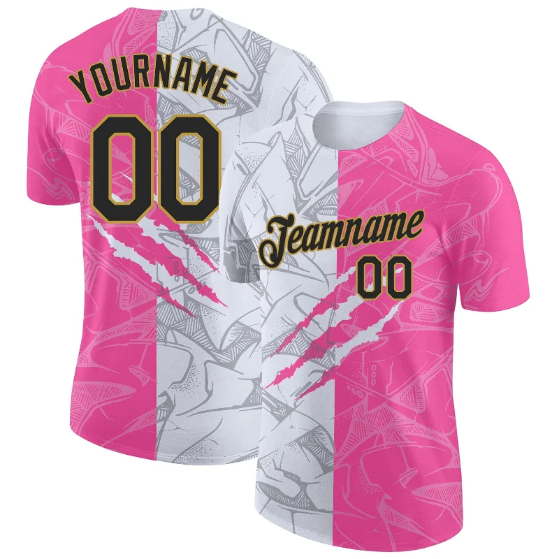 Classic Unisex Fashion Looks Daring Fashion Promotions Custom Graffiti Pattern Black Pink-Old Gold Scratch 3D Performance T-Shirt