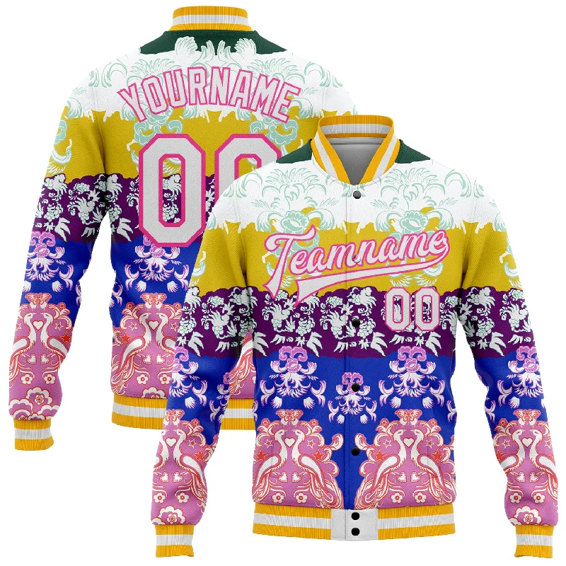Minimalist Unisex Fashion Must-Haves Break Fashion Norms Custom White Pink-Gold Heron 3D Pattern Design Bomber Full-Snap Varsity Letterman Jacket