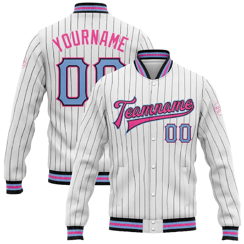 Sustainable And Ethical Unisex Clothing Fashionista Sale Custom White Black Pinstripe Light Blue-Pink Bomber Full-Snap Varsity Letterman Jacket