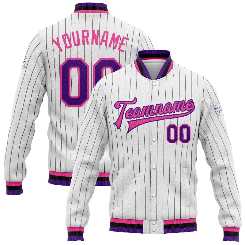 Fashion-Forward Gender-Neutral Outerwear Playful Fashion Offers Custom White Black Pinstripe Purple-Pink Bomber Full-Snap Varsity Letterman Jacket