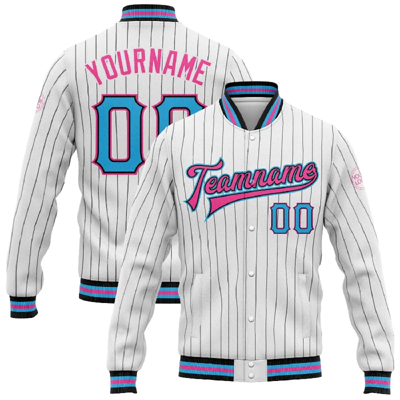 Versatile Gender-Free Wardrobe Essentials Fashion-Forward Offers Custom White Black Pinstripe Sky Blue-Pink Bomber Full-Snap Varsity Letterman Jacket