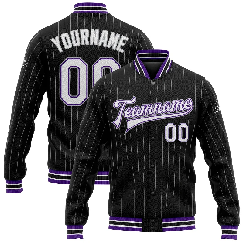 Lightweight And Breathable Unisex Wear Dive Into Trendy Styles Custom Black Gray Pinstripe White-Purple Bomber Full-Snap Varsity Letterman Jacket
