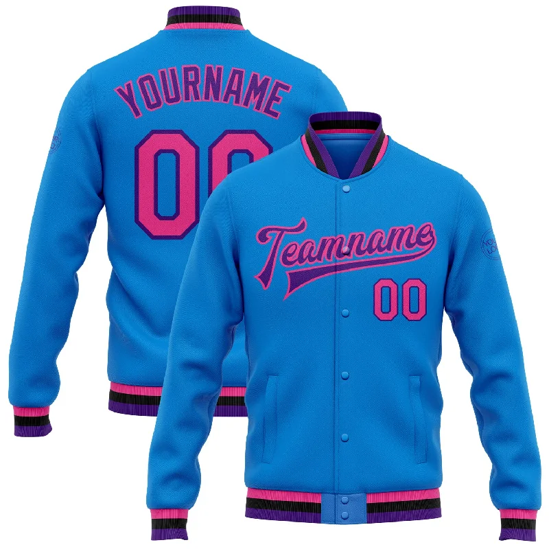 Everyday Wear For Men And Women Holiday Attire Sale Custom Powder Blue Pink Purple-Black Bomber Full-Snap Varsity Letterman Jacket