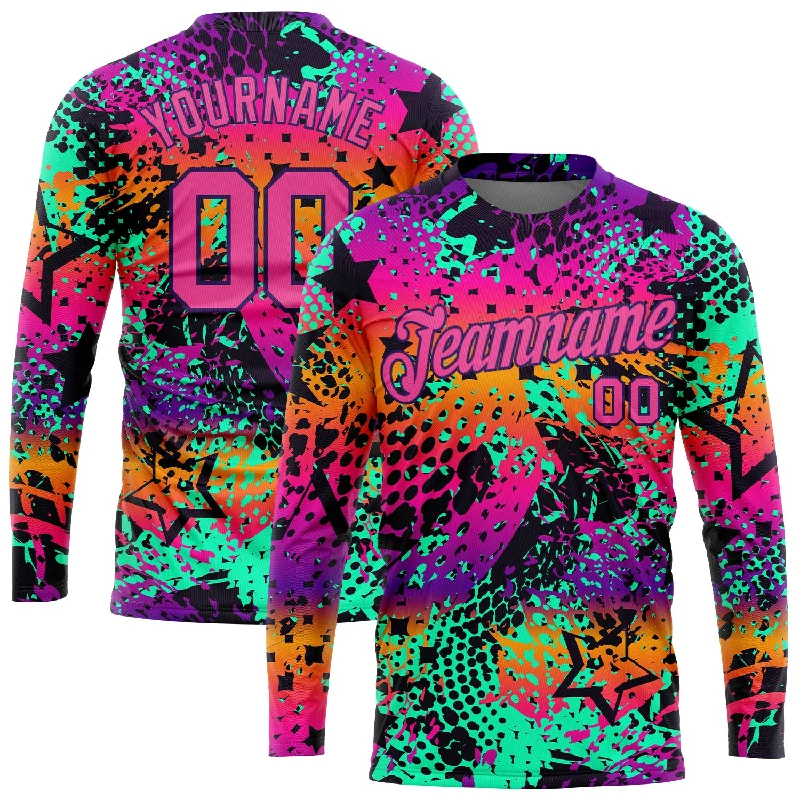Minimalist Unisex Wardrobe Must-Haves Trendy Styles Custom Graffiti Pattern Pink-Purple Bright Neon Colors 3D Long Sleeve Performance T-Shirt