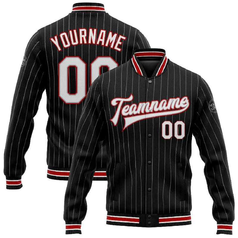 Oversized And Relaxed Unisex Fashion Snag Fabulous Fashion Bargains Custom Black Gray Pinstripe White-Red Bomber Full-Snap Varsity Letterman Jacket
