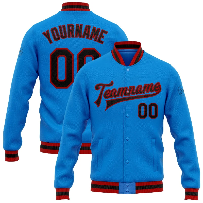 Versatile Unisex Layering Pieces Limited Stock, Big Sale Custom Powder Blue Black-Red Bomber Full-Snap Varsity Letterman Jacket