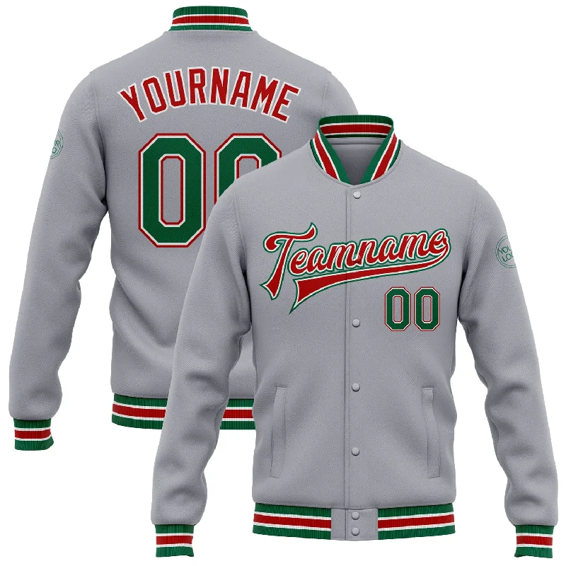 Breathable And Lightweight Unisex Wear Clearance Event Custom Gray Kelly Green-Red Bomber Full-Snap Varsity Letterman Jacket