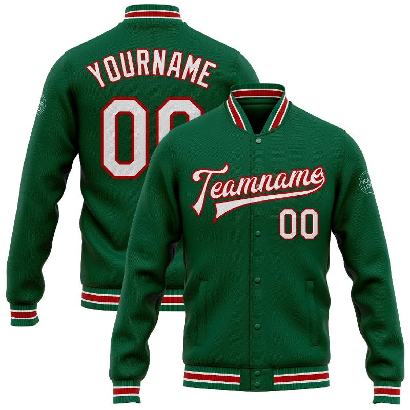Trendy Unisex Streetwear Fashion Huge Discounts This Week Custom Kelly Green White-Red Bomber Full-Snap Varsity Letterman Jacket