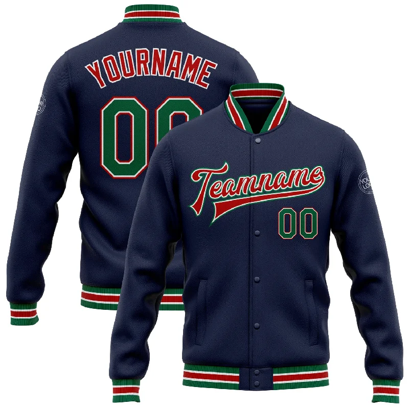 Elegant And Minimal Gender-Free Clothing Chic & Modern Sales Custom Navy Kelly Green-Red Bomber Full-Snap Varsity Letterman Jacket