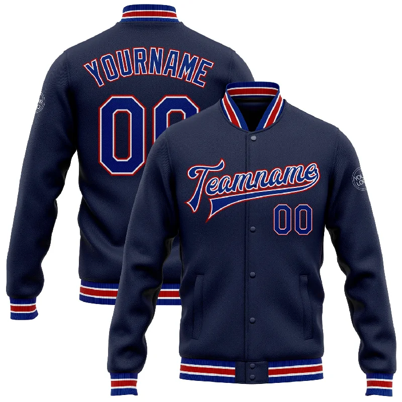 Comfortable Gender-Free Fashion Choices Playful Fashion Offers Custom Navy Royal-Red Bomber Full-Snap Varsity Letterman Jacket