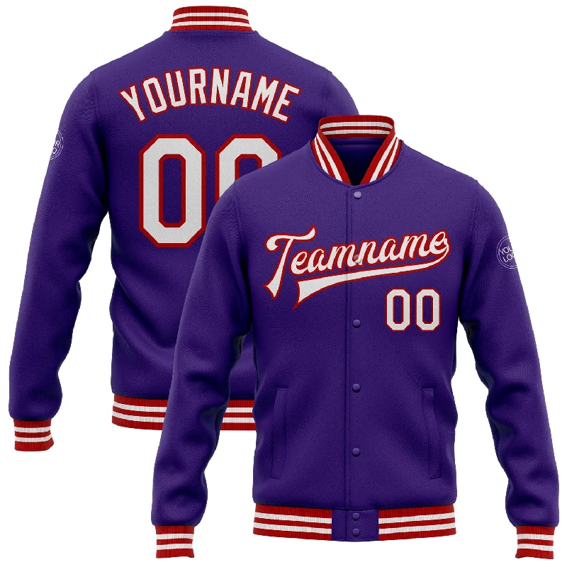 Comfortable Unisex Streetwear Seasonal Sale Custom Purple White-Red Bomber Full-Snap Varsity Letterman Jacket