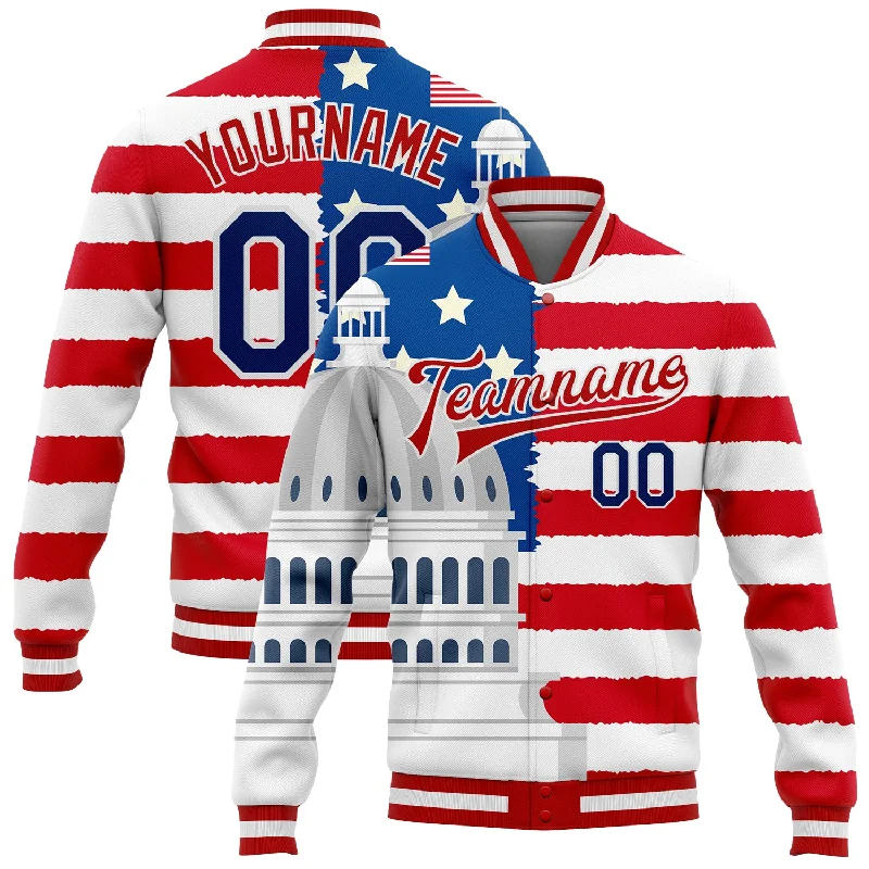 Versatile Clothing For All Genders Limited Time Offers Custom White US Navy Blue Red-Royal American Flag Fashion United States Congress Building 3D Pattern Design Bomber Full-Snap Varsity Letterman Jacket