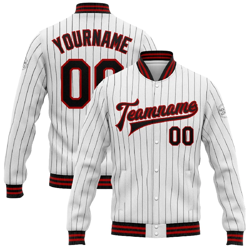 Gender-Neutral Trendy Clothing Styles Chic & Modern Sales Custom White Black Pinstripe Red Bomber Full-Snap Varsity Letterman Jacket