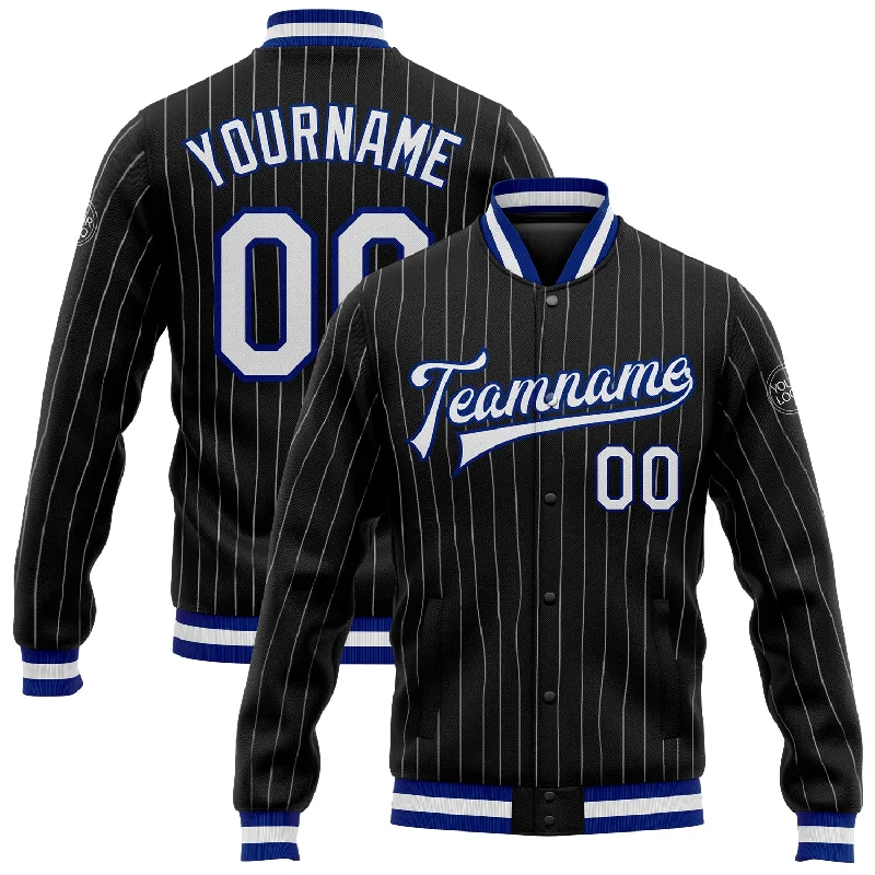 Relaxed-Fit Unisex Fashion For All-Day Comfort Fast Fashion Favorites Custom Black White Pinstripe Royal Bomber Full-Snap Varsity Letterman Jacket