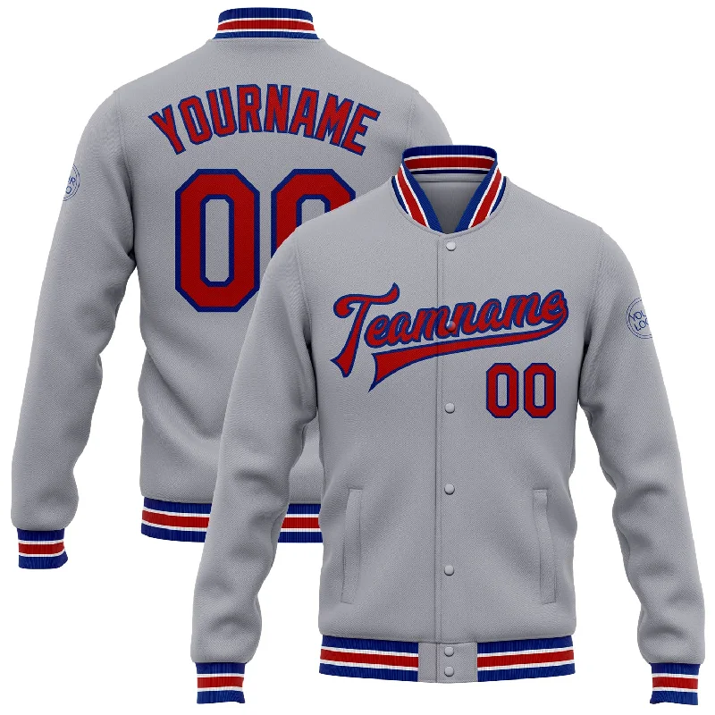 Urban-Inspired Unisex Fashion Trends Trendy Styles Custom Gray Red-Royal Bomber Full-Snap Varsity Letterman Jacket