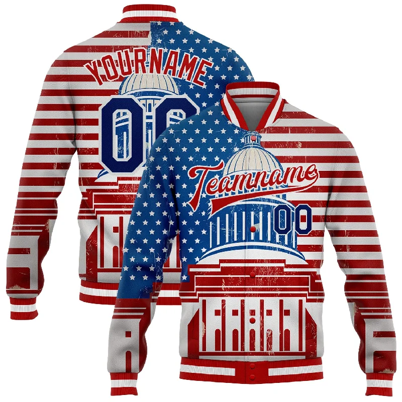 Soft And Breathable Unisex Loungewear Hurry Before It'S Gone Custom Red US Navy Blue-Royal American Flag Fashion United States Congress Building 3D Pattern Design Bomber Full-Snap Varsity Letterman Jacket