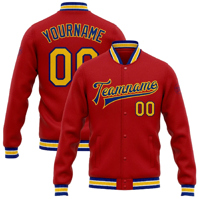 High-Quality Unisex Fashion Basics Don't Miss Out Custom Red Yellow-Royal Bomber Full-Snap Varsity Letterman Jacket