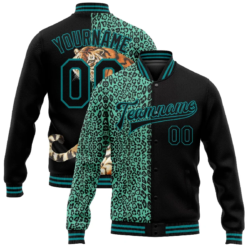 Oversized Unisex Apparel For Effortless Style Unleash Your Trendy Side Custom Black Teal Tiger And Leopard Print 3D Pattern Design Bomber Full-Snap Varsity Letterman Jacket