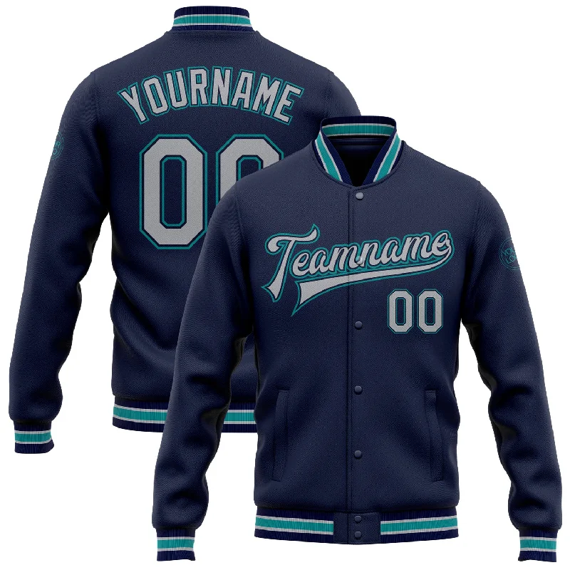 Oversized And Relaxed Unisex Fashion Vibrant Style Promotions Custom Navy Gray-Teal Bomber Full-Snap Varsity Letterman Jacket